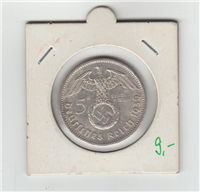 GERMANY 1939 5 Reichsmark Paul von Hindenburg Commemorative Coin 1847-1934