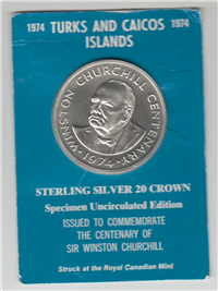 TURKS & CAICOS ISLANDS 1974  20 Crown Silver Coin Specimen Uncirculated Edition KM 8