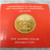 BAHAMAS ISLANDS $100 One Hundred Dollars Gold Specimen Coin (Central Bank, 1974)
