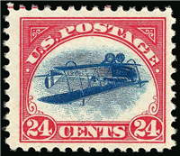 (Scott C3a)  USA 1918 24c Curtiss Jenny (carmine rose and blue, center inverted)     