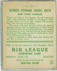 (R319)  1933 Goudey Big League Baseball Card #149 George Herman (Babe) Ruth
