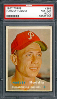 1957 Topps Baseball #265 Harvey Haddix (DOUBLE-PRINT) PSA NM-MT 8(OC) 