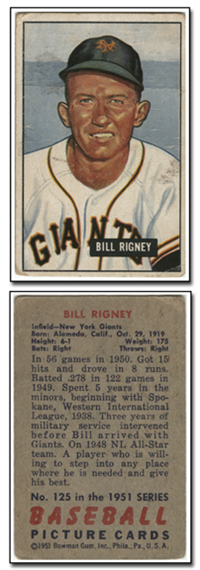 1951 Bowman Baseball Card #125 Bill Rigney