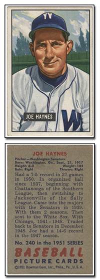 1951 Bowman Baseball Card #240 Joe Haynes