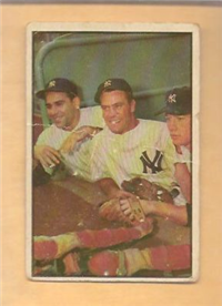 1953 Bowman Baseball Card #44  Hank Bauer, Yogi Berra, Mickey Mantle