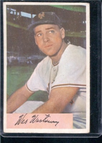 1954 Bowman Baseball Card #25b Wes Westrum (.982/.986 field avg)
