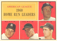1961 Topps Baseball Card #44 A.L. Home Run Leaders (Rocky Colavito, Jim Lemon, Mickey Mantle, Roger Maris)