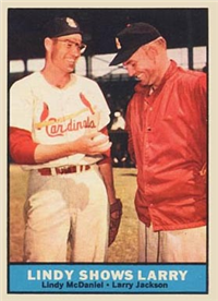1961 Topps Baseball Card #75 Lindy Shows Larry (Larry Jackson, Lindy McDaniel)