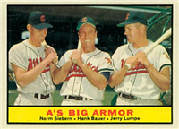 1961 Topps Baseball Card #119 A's Big Armor (Hank Bauer, Jerry Lumpe, Norm Siebern)