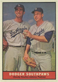 1961 Topps Baseball Card #207 Dodger Southpaws (Sandy Koufax, Johnny Podres)