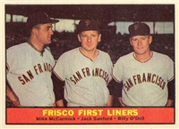 1961 Topps Baseball Card #383 Frisco First Liners (Mike McCormick, Billy O'Dell, Jack Sanford))