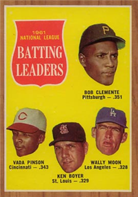 1962 Topps Baseball Card #52 N.L. Batting Leaders (Clemente, Pinson, Ken Boyer, Moon)