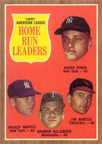 1962 Topps Baseball Card #53 A.L. Home Run Leaders (Maris, Mantle, Killebrew, Gentile)