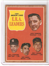 1962 Topps Baseball Card #55 A.L. E.R.A. Leaders (Donovan, Stafford, Mossi, Pappas)