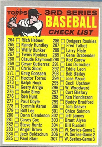 1970 Topps Baseball  Card #244a  3rd Series Check List (264-372)(red bat on front)