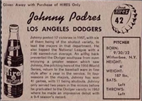 1958 Hires Root Beer Baseball Card  #42  Johnny Podres