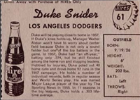 1958 Hires Root Beer Baseball Card  #61  Duke Snider  (Short Print)  (Hall of Fame)