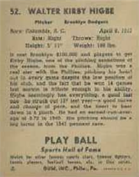 (R336)  1941 Gum, Inc. Play Ball Sports Hall of Fame  Baseball Card  #52  Kirby Higbe