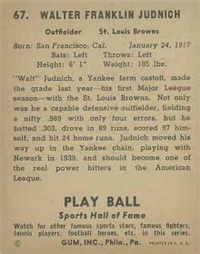 (R336)  1941 Gum, Inc. Play Ball Sports Hall of Fame  Baseball Card  #67  Walt Judnich