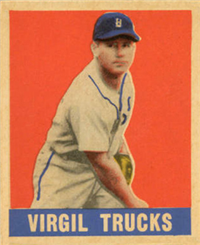 (R-401-1)  1948 Leaf All-Star  Baseball Card  #5  Virgil Trucks  (Short Print) (Rookie)