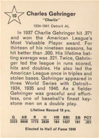 1961 Golden Press Baseball Card  #10  Charlie Gehringer  (Hall of Fame)