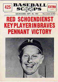 1961 Nu-Card Scoops Baseball Card  #425 "Red Schoendienst Key Player In Braves Pennant Victory"