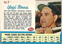 1962 Post Cereal Box Baseball Card  #7  Yogi Berra  (Hall of Fame)