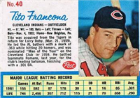 1962 Post Cereal Box Baseball Card  #40  Tito Francona