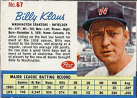 1962 Post Cereal Box Baseball Card  #67  Billy Klaus