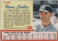 1962 Post Cereal Box Baseball Card  #113  Norm Larker