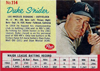 1962 Post Cereal Box Baseball Card  #114  Duke Snider  (Hall of Fame)