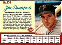 1962 Post Cereal Box Baseball Card  #134  Jim Davenport