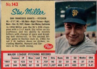 1962 Post Cereal Box Baseball Card  #143  Stu Miller (photo Chuck Hiller)