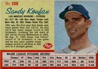 1962 Post Cereal Box Baseball Card  #109b  Sandy Koufax (red lines)  (Hall of Fame)