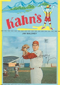 1968 Kahn's Wieners  Baseball Card   Jim Maloney (large size, blue mountain logo)