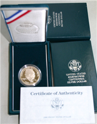 1990-W US Mint Eisenhower Centennial Uncirculated Silver Dollar Coin in OGP Box + COA 