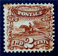 (Scott 113)  USA 1869 2&#162; Post Horse and Rider  (brown, grill)