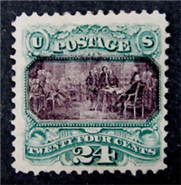 (Scott 120)  USA 1869 24&#162; Declaration of Independence (green and violet, grill)     
