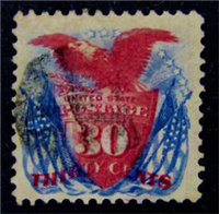 (Scott 121)  USA 1869 30&#162; Shield, Eagle and Flags (ultramarine and carmine, grill)     