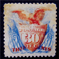 (Scott 131)  USA 1875 30&#162; Shield, Eagle, and Flags   (ultramarine and carmine, grill)