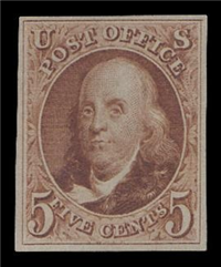 (Scott 3)  USA 1875 5&#162; Benjamin Franklin (red brown)     