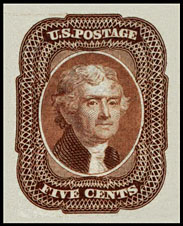 (Scott 12)  USA 1856 5&#162; Thomas Jefferson (red brown, type 1)     