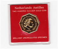 NETHERLANDS ANTILLES 1976 200 Guilder Gold Uncirculated Specimen Coin