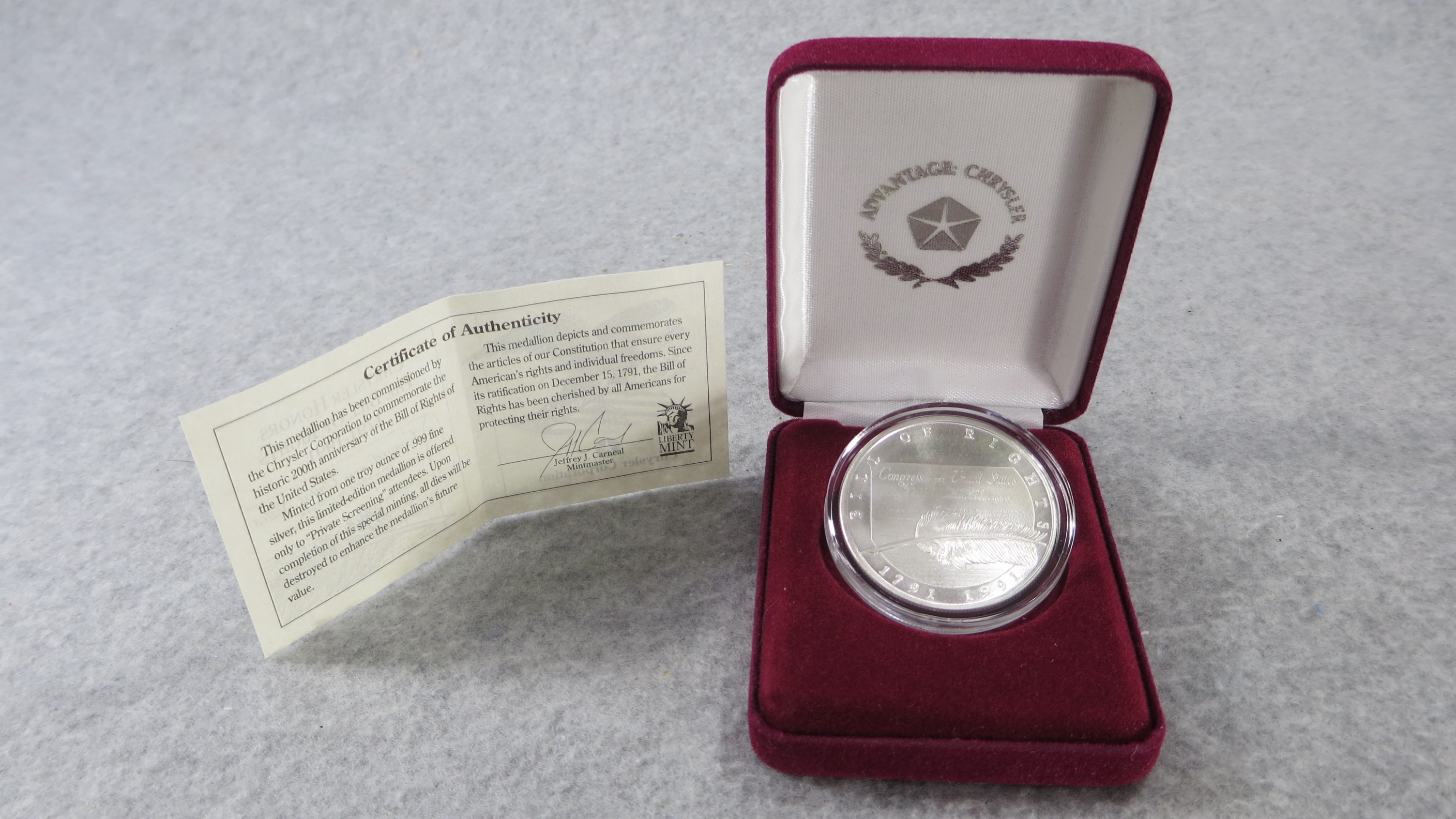 1991 200th Anniversary Bill of Rights Chrysler Corporation 1oz Silver Round 