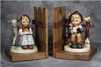 GOOD FRIENDS & SHE LOVES ME, SHE LOVES ME NOT 5-1/8" Bookends on Wooden Base (Hummel 251A and 251B, TMK 3)