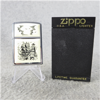 SCRIMSHAW SHIP & LIGHTHOUSE Polished Chrome With Enamel Lighter (Zippo, 1993)  