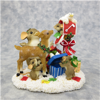 SENDING YOU GOOD TIDINGS AND FRIENDSHIP 4 inch Mice with Deer at Mailbox Christmas Figurine (Charming Tails, Enesco, 85/187, 2007)