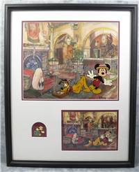 CHECKING IN? Mickey & Pluto TOWER OF TERROR Framed Cel/Signed Postcard/Ink & Paint Pin (Disney Animation Gallery, 2004)