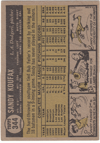 #344 SANDY KOUFAX Los Angeles Dodgers Baseball Card (Topps, 1961)