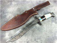 Custom Handmade 15-1/8" Fixed Blade Damascus Knife with Oklahoma Seal Leather Sheath